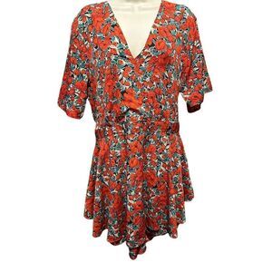 Boohoo Womens Plus Size Red Floral Wrap Skort Playsuit Romper V Neck Size 20